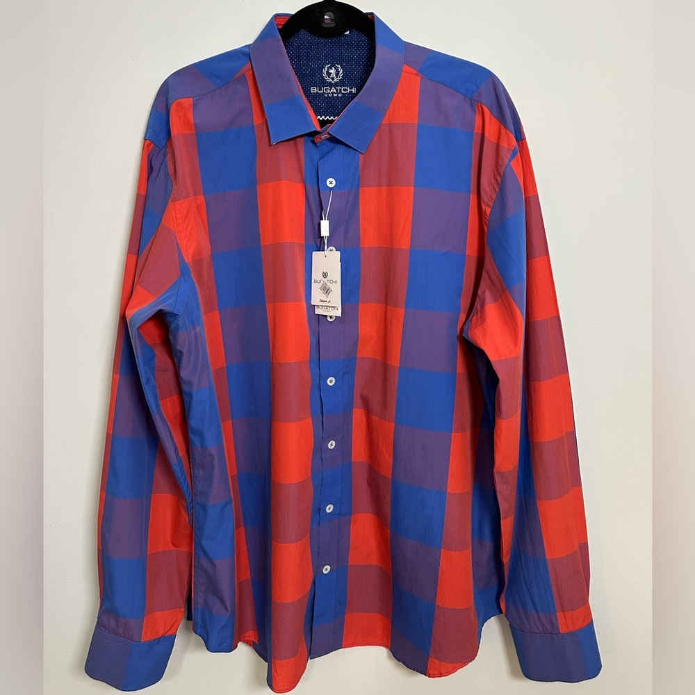 Mens Bugatchi Plaid Orange and Blue Long Sleeve Shirt